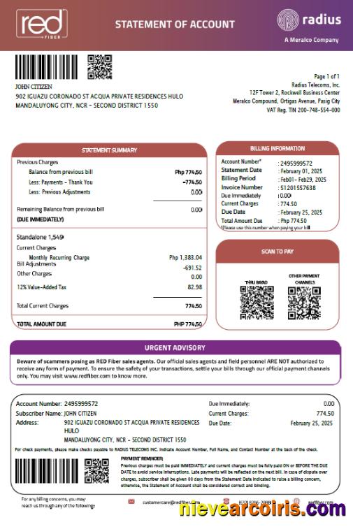 Philippines Red Fiber utility bill